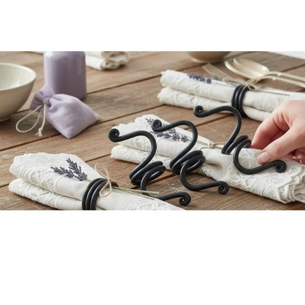 4 Wrought Iron Napkin Rings Rustic Farmhouse Coiled Spiral & Scroll Table Decor